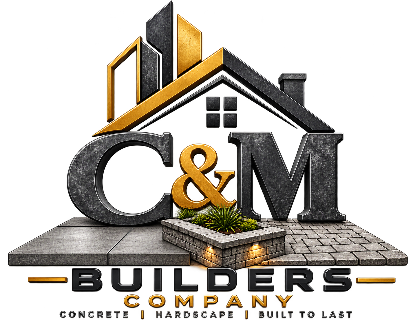 Previous C&M Builders Company logo with dimensional lettering and detailed construction imagery