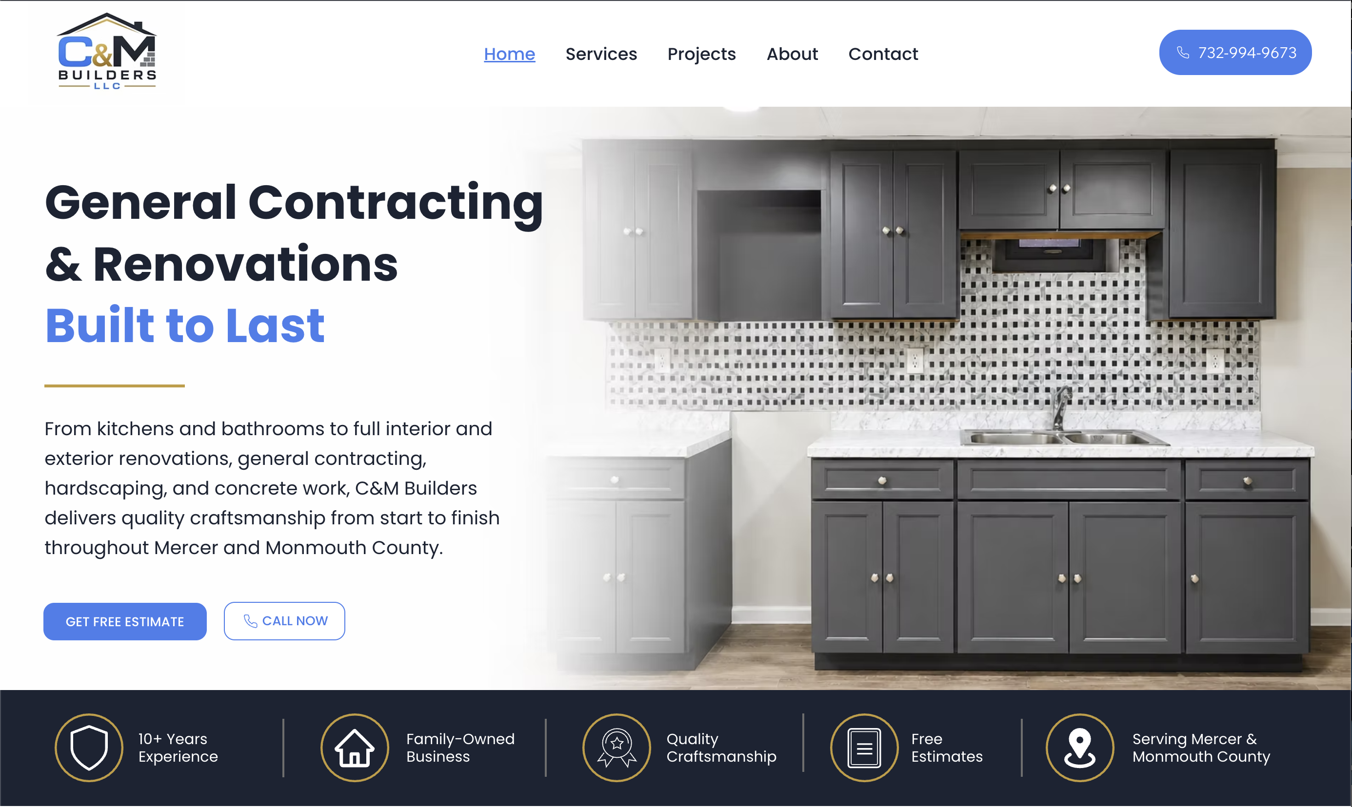 C&M website homepage introducing general contracting and renovations, with the new identity and kitchen photography