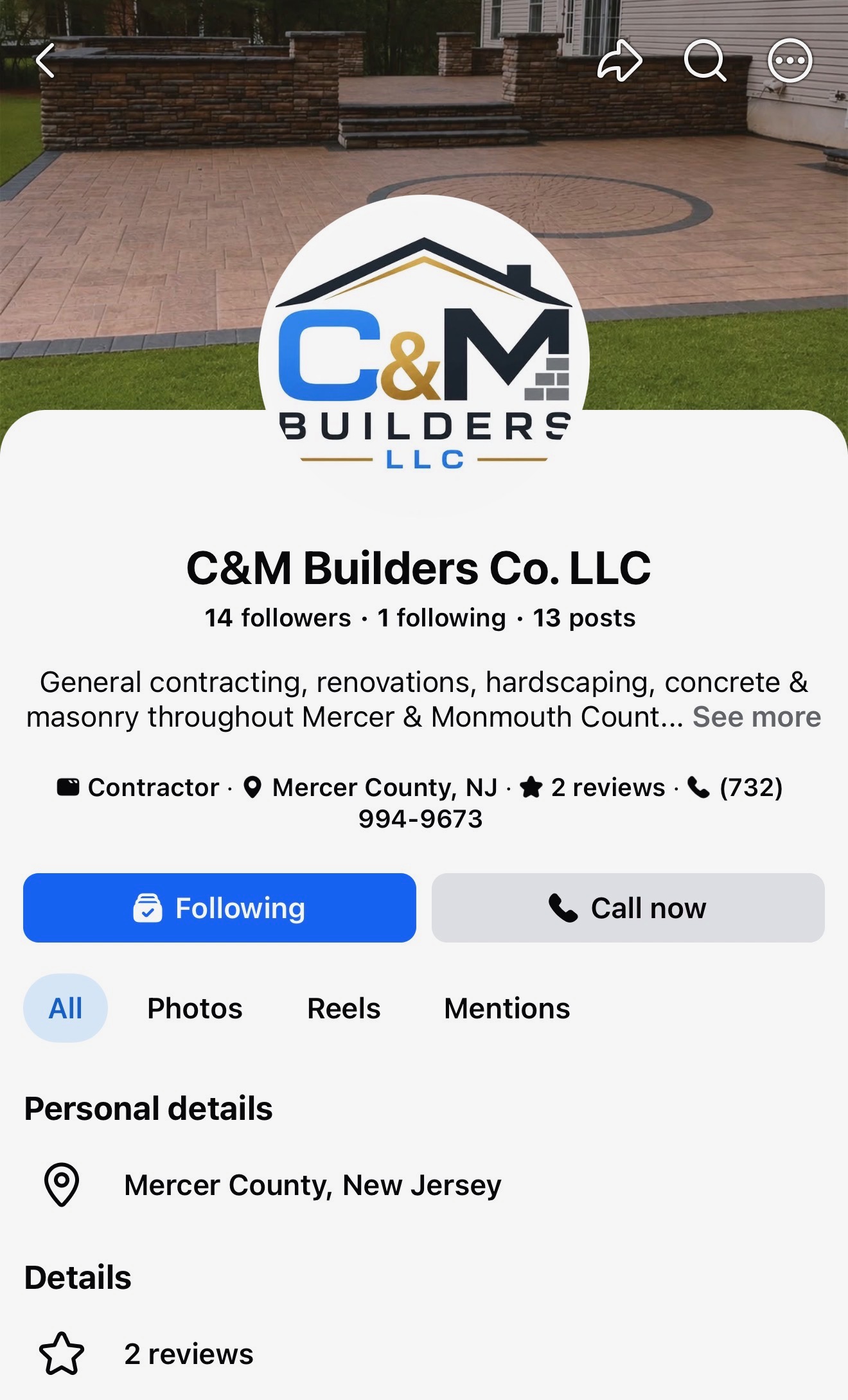 Supplied capture of the C&M Facebook page showing the branded profile, cover photograph and business information