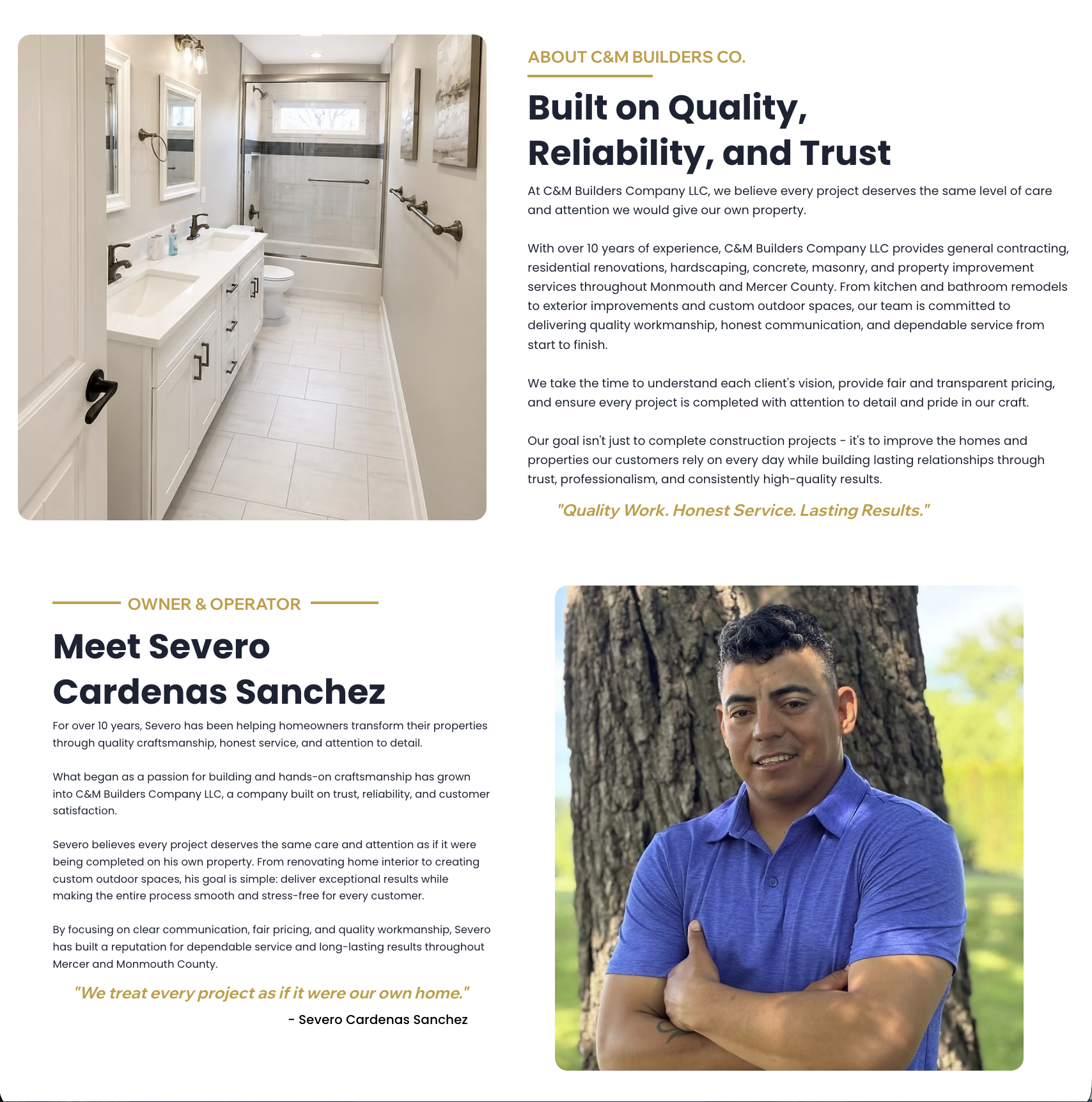 C&M website About section presenting company values and the owner’s story