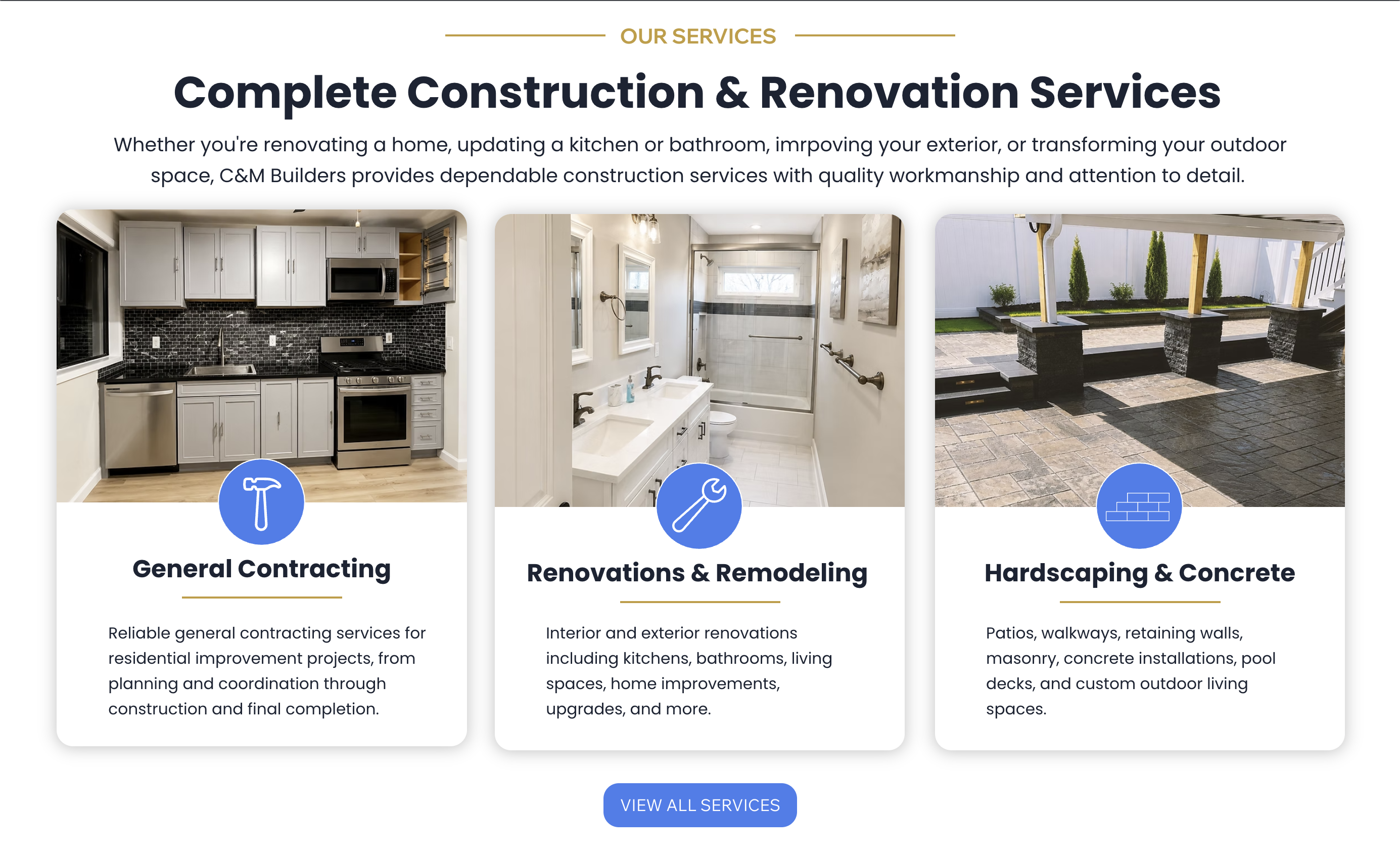 C&M website service categories: General Contracting, Renovations and Remodeling, and Hardscaping and Concrete