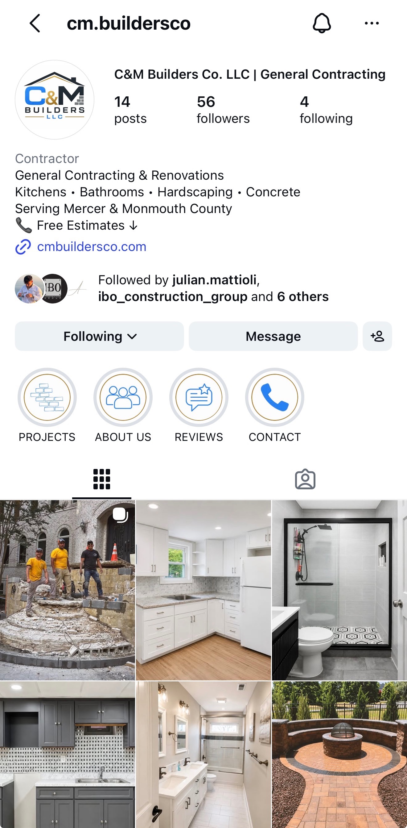 Supplied capture of the C&M Instagram profile showing its coordinated logo, service description, highlights and project imagery